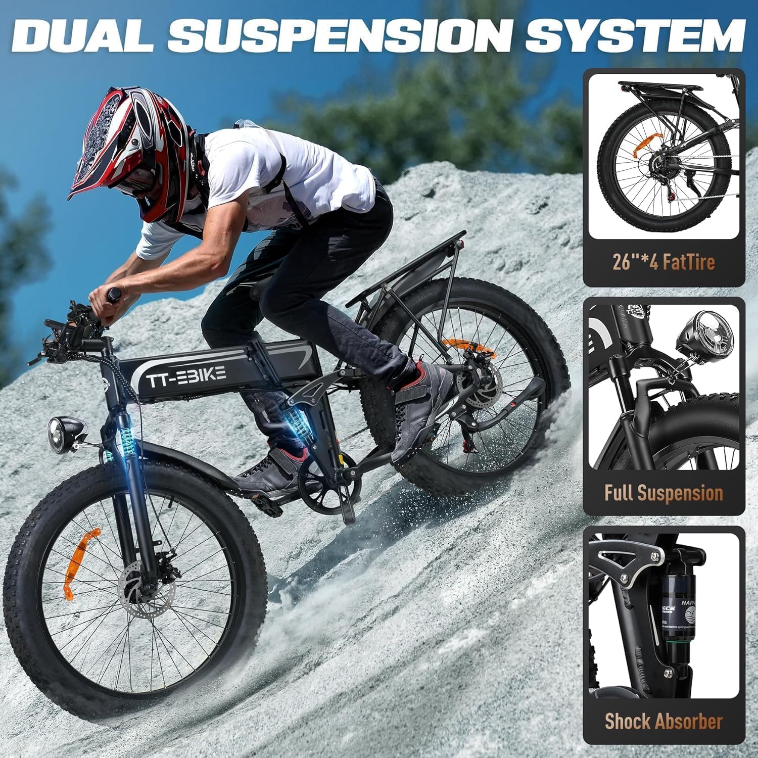Dual: 4350/3000/2350 W, bicicleta eléctrica para adultos 42/40/32 MPH con batería de 52 V 28/23 AH, bicicleta de montaña E de 26 pulgadas, bicicleta plegable de suspensión completa, engranaje de 7