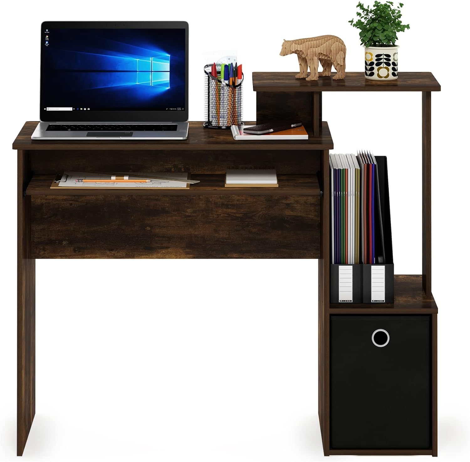 Furinno Econ Escritorio de escritura de computadora de oficina en casa multipropósito W/Bin, Blanco/Negro