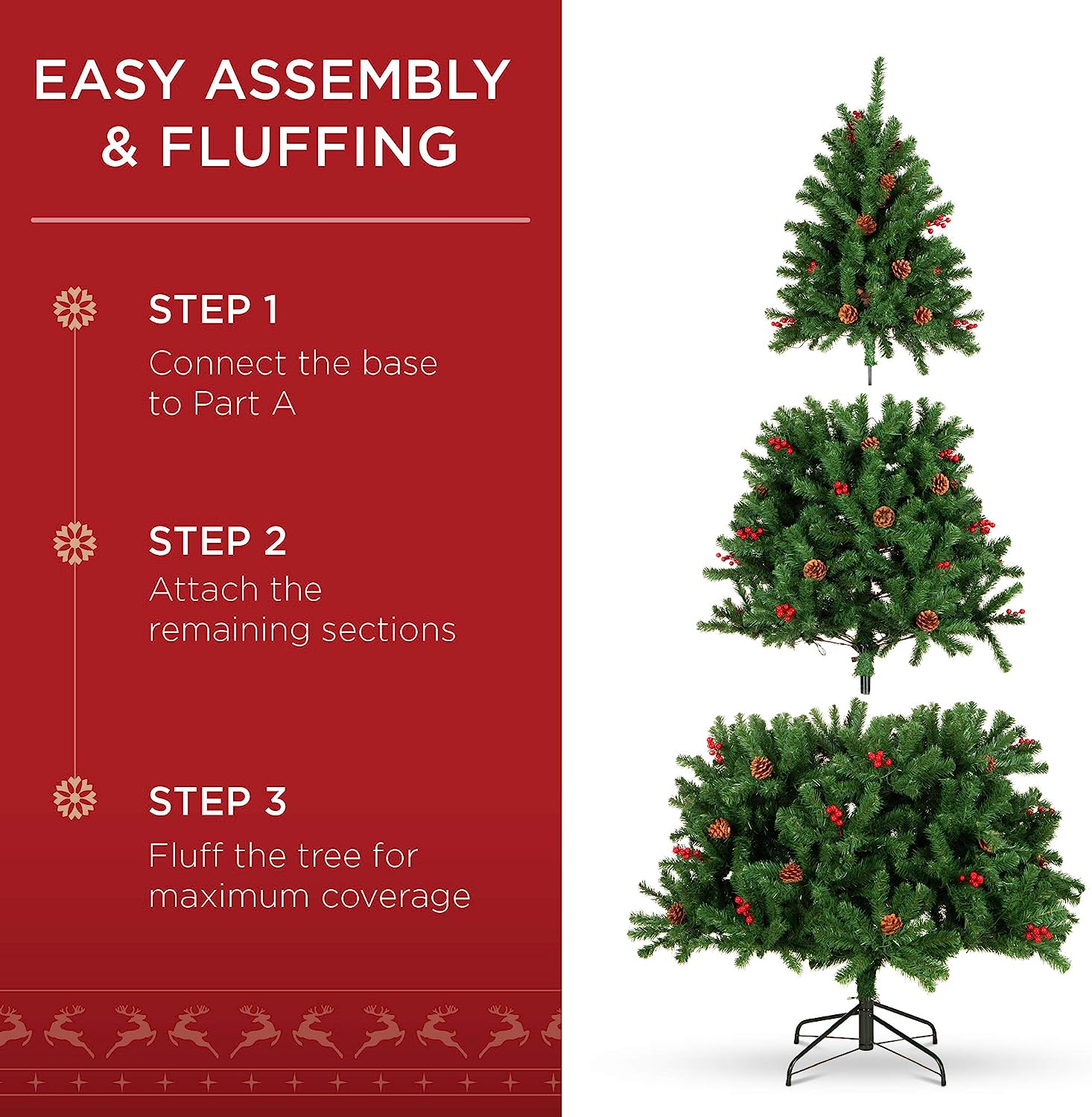 Best Choice Products - Árbol de Navidad artificial preiluminado de 7 pies predecorado con bisagras, con 1.346 puntas, piñas, bayas, 550 luces, base de metal