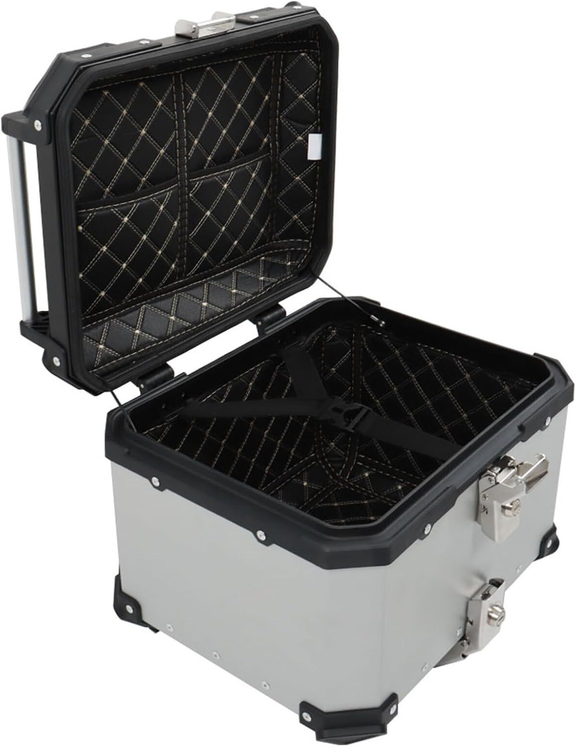 Labwork - Caja trasera para motocicleta de 45 l, con placa de montaje, aleación de aluminio dura, cierre de seguridad contra robo, metal plateado, caja trasera para maletero