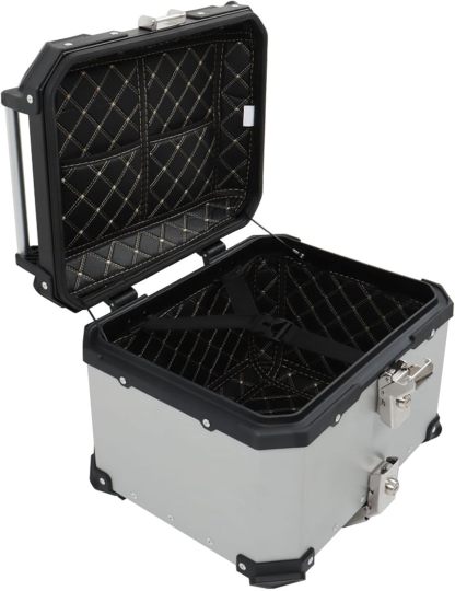 Labwork - Caja trasera para motocicleta de 45 l, con placa de montaje, aleación de aluminio dura, cierre de seguridad contra robo, metal plateado, caja trasera para maletero