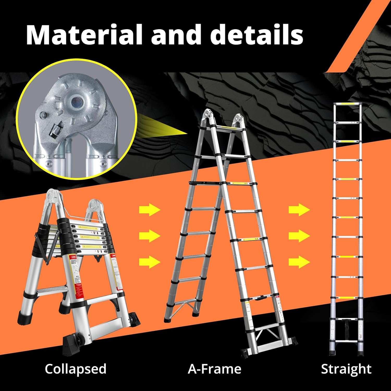 EvaStar - Escalera telescópica con marco A, escaleras telescópicas de aluminio ligeras con estabilizadores triangulares, barra estabilizadora y ruedas, escalera de extensión de capacidad de 350 libras