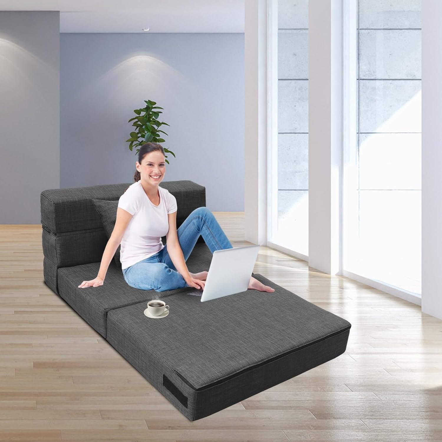 Nigoone - Sofá plegable tamaño Queen de espuma viscoelástica con 2 almohadas, sillón perezoso, triple futón, camas convertibles, funda lavable, gris oscuro
