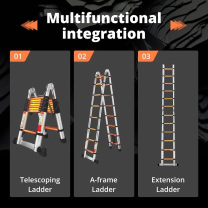 EvaStar - Escalera telescópica con marco A, escaleras telescópicas de aluminio ligeras con estabilizadores triangulares, barra estabilizadora y ruedas, escalera de extensión de capacidad de 350 libras