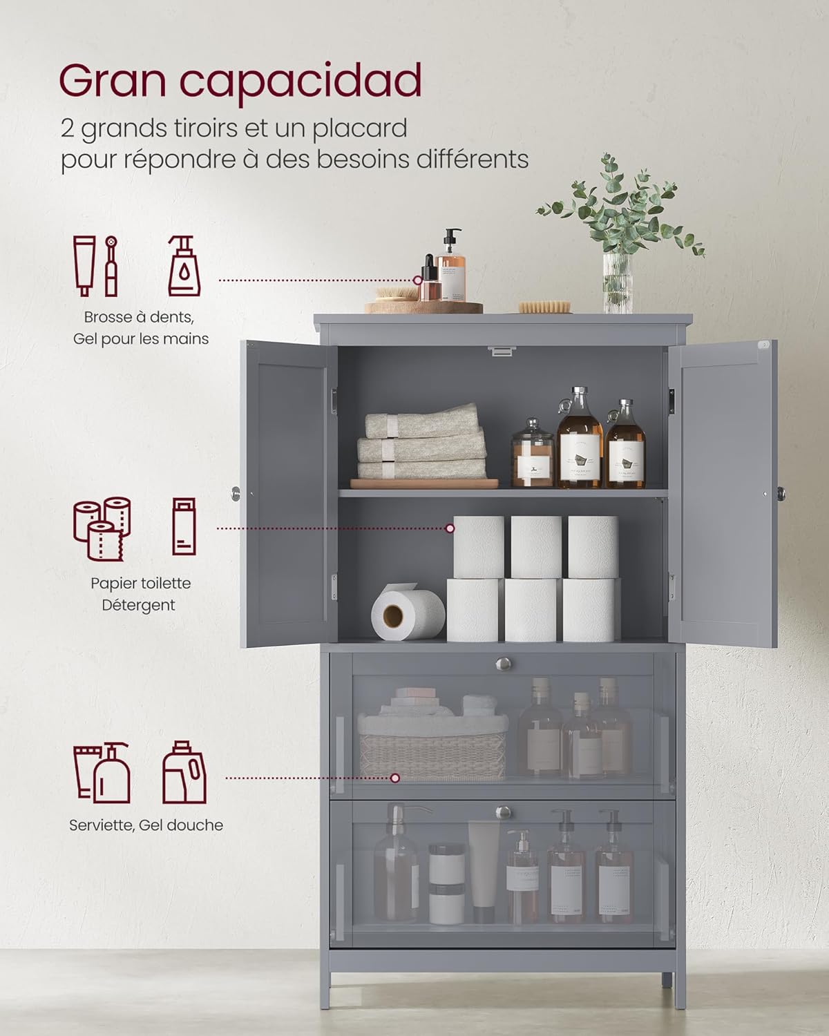 VASAGLE Mueble de Baño, Armario de Baño, Armario de Cocina, con 2 Puertas y 2 Cajones, Estantes Ajustables, 30 x 60 x 110 cm, Gris Paloma MBBC551G02