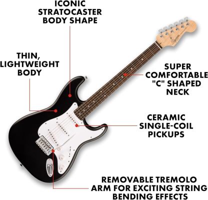 Fender Squier Debut Series Stratocaster Electric Guitar Kit, Beginner Guitar Kit, with 2-Year Warranty, with Padded Gig Bag, Frontman 10G Amp, Strap, and More, Includes Free Lessons, Black