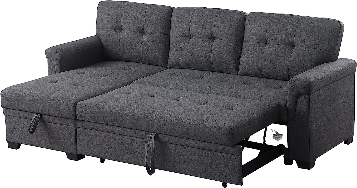 Lilola Home Lucca Sofá seccional Reversible, sillón de Almacenamiento, Cama extraíble, salón en Forma de L, Gris Acero, Lino
