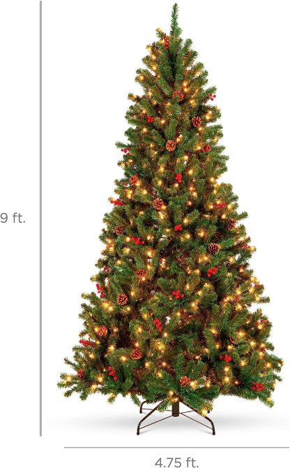 Best Choice Products - Árbol de Navidad artificial preiluminado de 7 pies predecorado con bisagras, con 1.346 puntas, piñas, bayas, 550 luces, base de metal