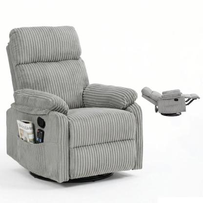 Sillón reclinable 3 en 1 con función de balanceo y giro: reclinación de 151°, giro de 360° y balanceo de 30°; sillón tapizado con bolsillos laterales para sala de estar, dormitorio, oficina, balcón o cualquier espacio; capacidad de 300 libras.