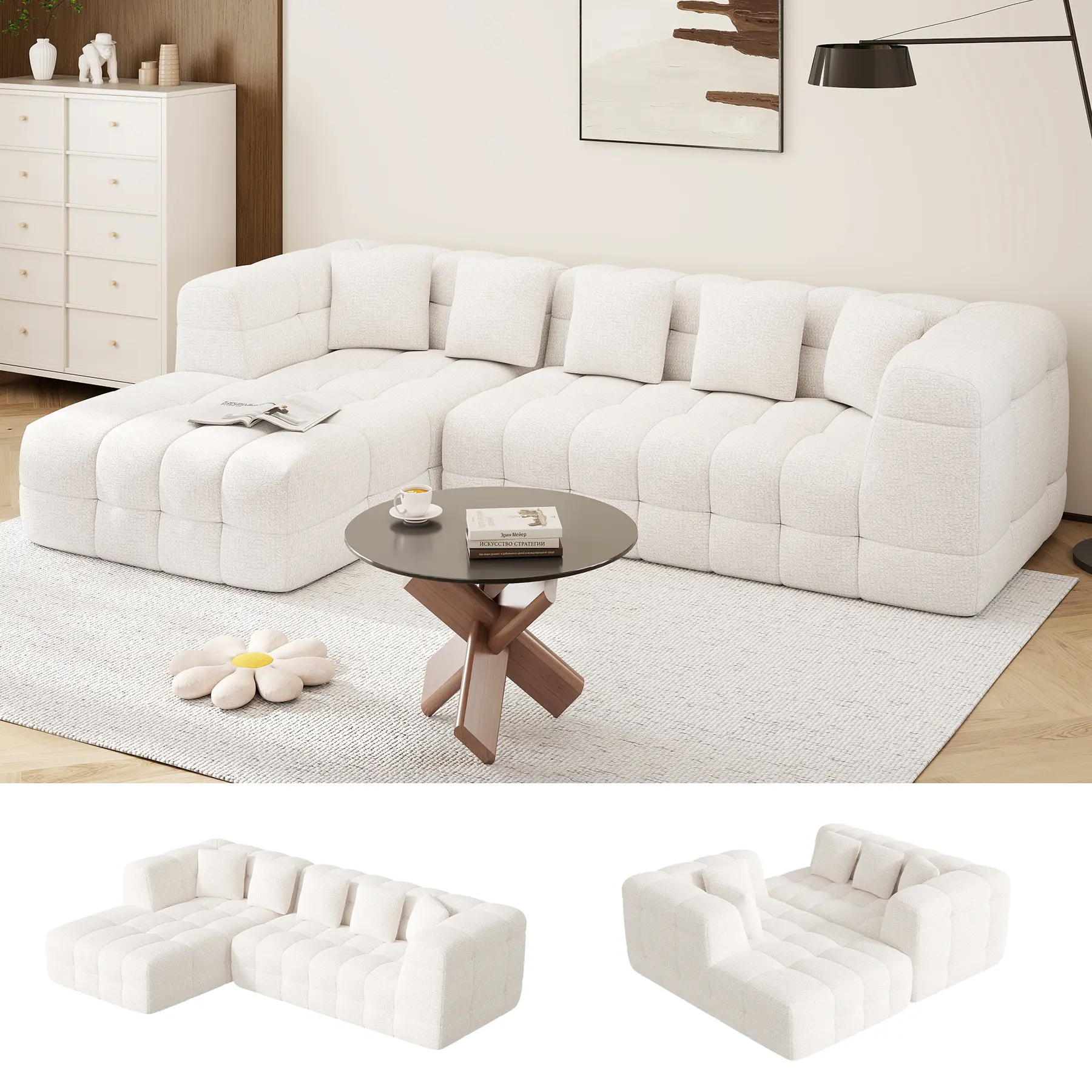Sofá modular de chenilla de 107 pulgadas con chaise longue en forma de L, cómodo sofá seccional con diseño capitoné, sofá moderno tapizado, sofá seccional sin montaje