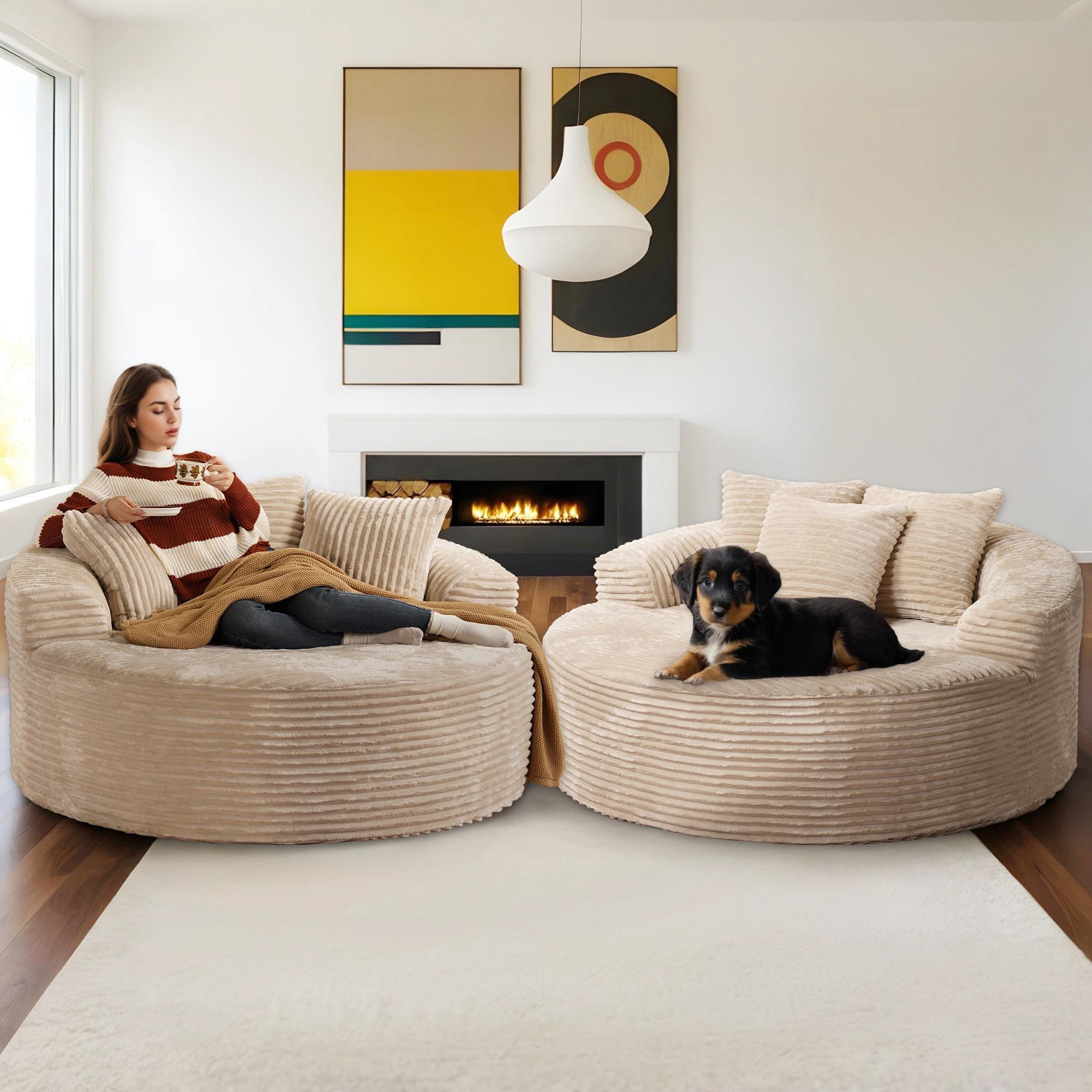 Ovios 59" W Oversized Round Sofa Bed - Fluffy Lazy Bean Bag, Modern Deep Seat Couch for Relaxation, Plush Corduroy Fabric, 3 Pillows Included, No Assembly Required