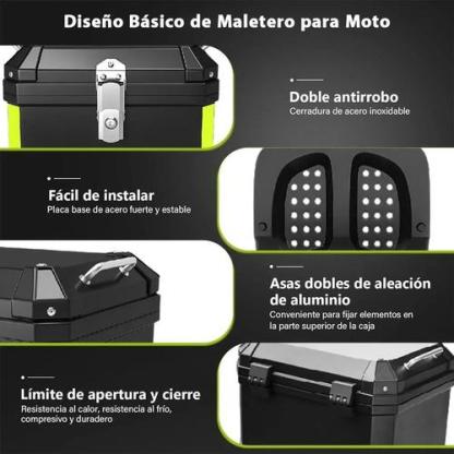 Caja Trasera Para Moto ABS 46L Alta Calidad Negro Maletero Top Case Porta Cascos Impermeable y Antirrobo con Soporte Universal y Tiras Reflectantes