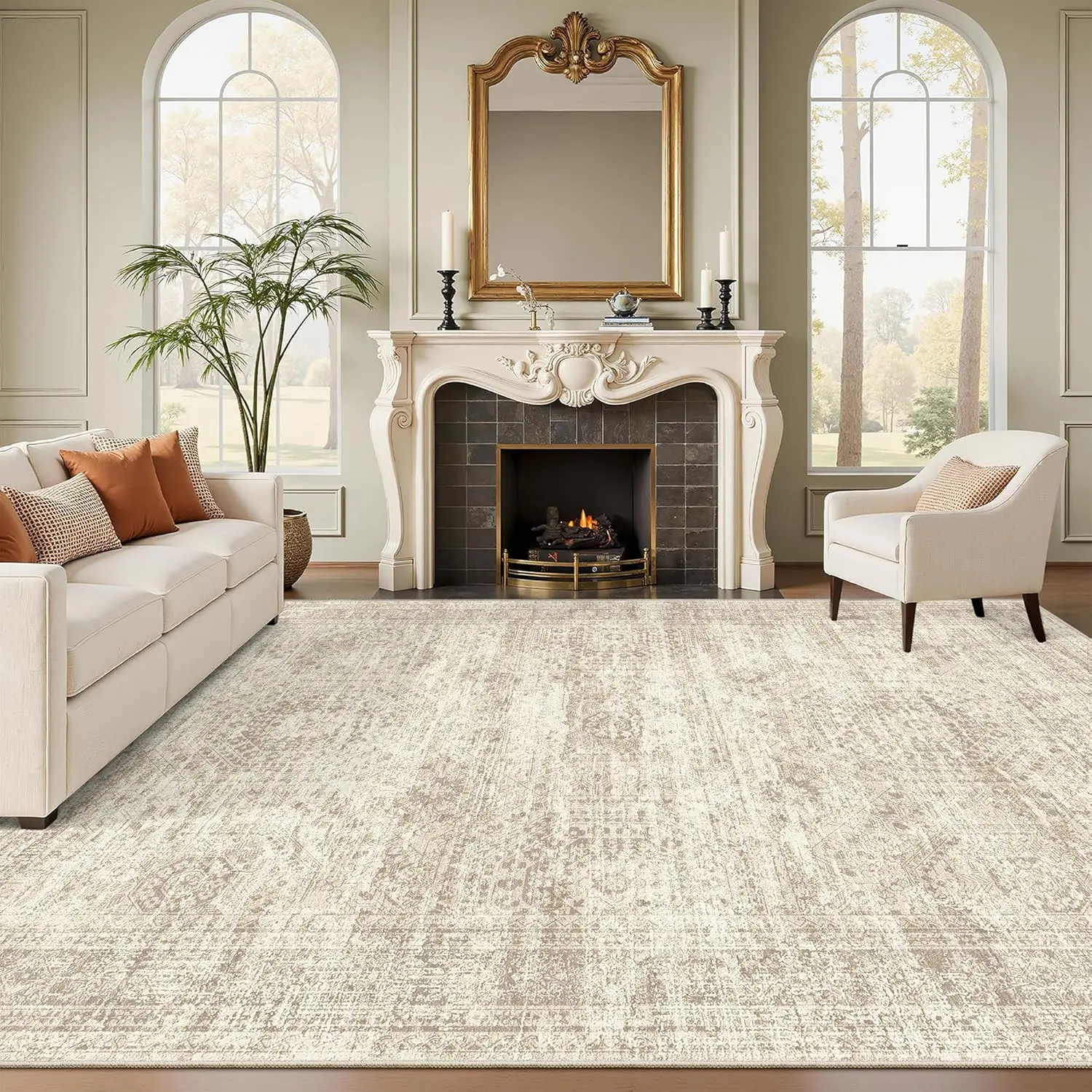 Alfombra lavable estilo vintage en color beige: suave y antideslizante