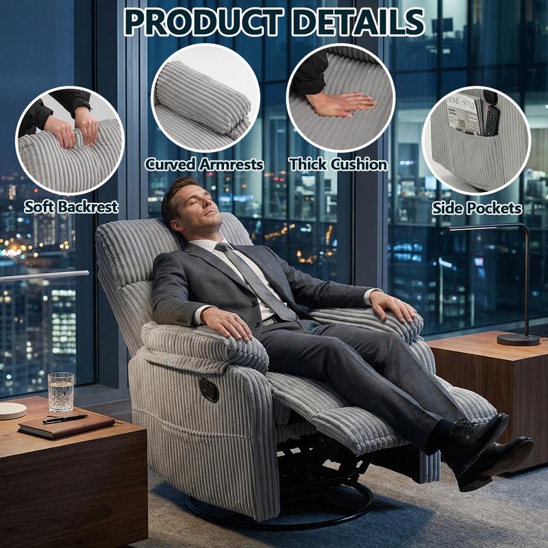 Sillón reclinable 3 en 1 con función de balanceo y giro: reclinación de 151°, giro de 360° y balanceo de 30°; sillón tapizado con bolsillos laterales para sala de estar, dormitorio, oficina, balcón o cualquier espacio; capacidad de 300 libras.