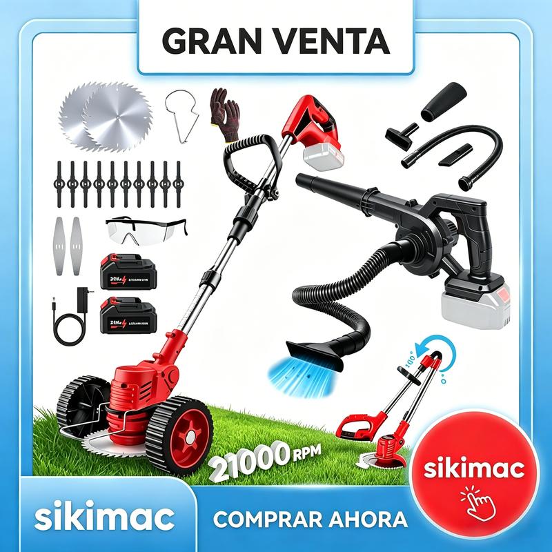 Cortacésped Eléctrico Portátil Inalámbrico Plegable con Ruedas Soplador 2 en 1 Rojo