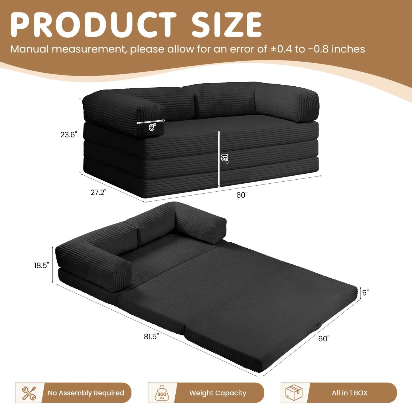 Sofá cama convertible 5 en 1 con reposabrazos y colchón plegable en tres partes
