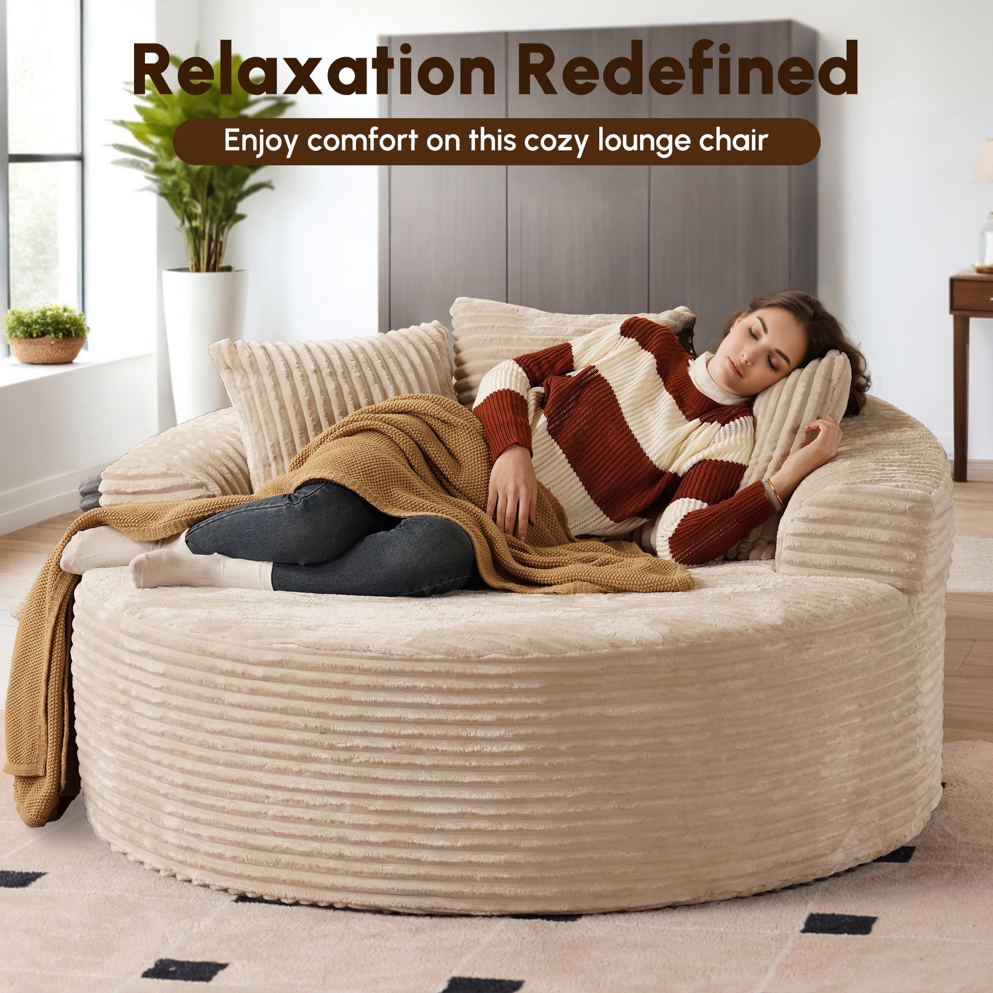 Ovios 59" W Oversized Round Sofa Bed - Fluffy Lazy Bean Bag, Modern Deep Seat Couch for Relaxation, Plush Corduroy Fabric, 3 Pillows Included, No Assembly Required