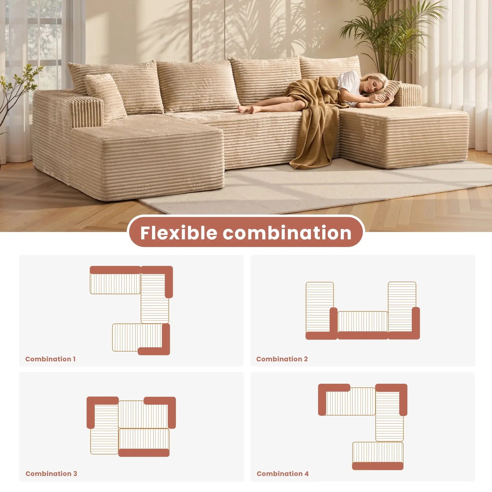 Sofá modular de pana en forma de U con otomana - 133 x 70 pulgadas