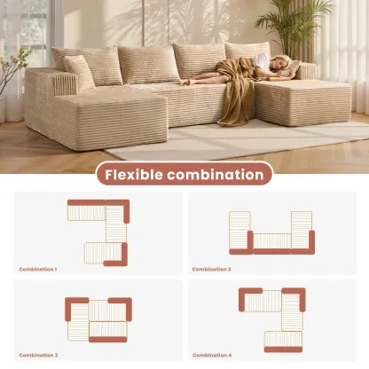 Sofá modular de pana en forma de U con otomana - 133 x 70 pulgadas