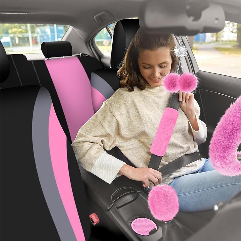 Juego de fundas para asientos y accesorios interiores: fundas de poliéster fino para 5 asientos, funda de felpa para el volante, almohadillas para los cinturones, funda para la palanca de cambios, adornos para el retrovisor, posavasos, tapones para válvul