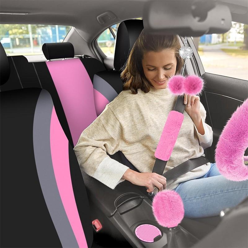 Juego de fundas para asientos y accesorios interiores: fundas de poliéster fino para 5 asientos, funda de felpa para el volante, almohadillas para los cinturones, funda para la palanca de cambios, adornos para el retrovisor, posavasos, tapones para válvul