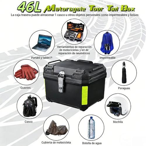 Caja Trasera Para Moto ABS 46L Alta Calidad Negro Maletero Top Case Porta Cascos Impermeable y Antirrobo con Soporte Universal y Tiras Reflectantes