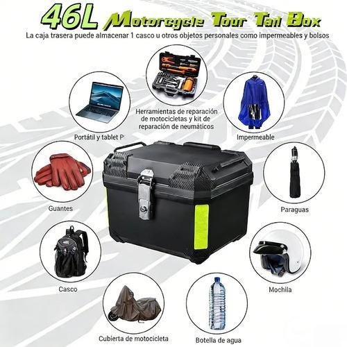 Caja Trasera Para Moto ABS 46L Alta Calidad Negro Maletero Top Case Porta Cascos Impermeable y Antirrobo con Soporte Universal y Tiras Reflectantes