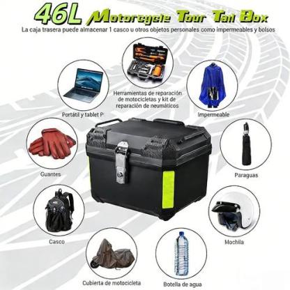 Caja Trasera Para Moto ABS 46L Alta Calidad Negro Maletero Top Case Porta Cascos Impermeable y Antirrobo con Soporte Universal y Tiras Reflectantes