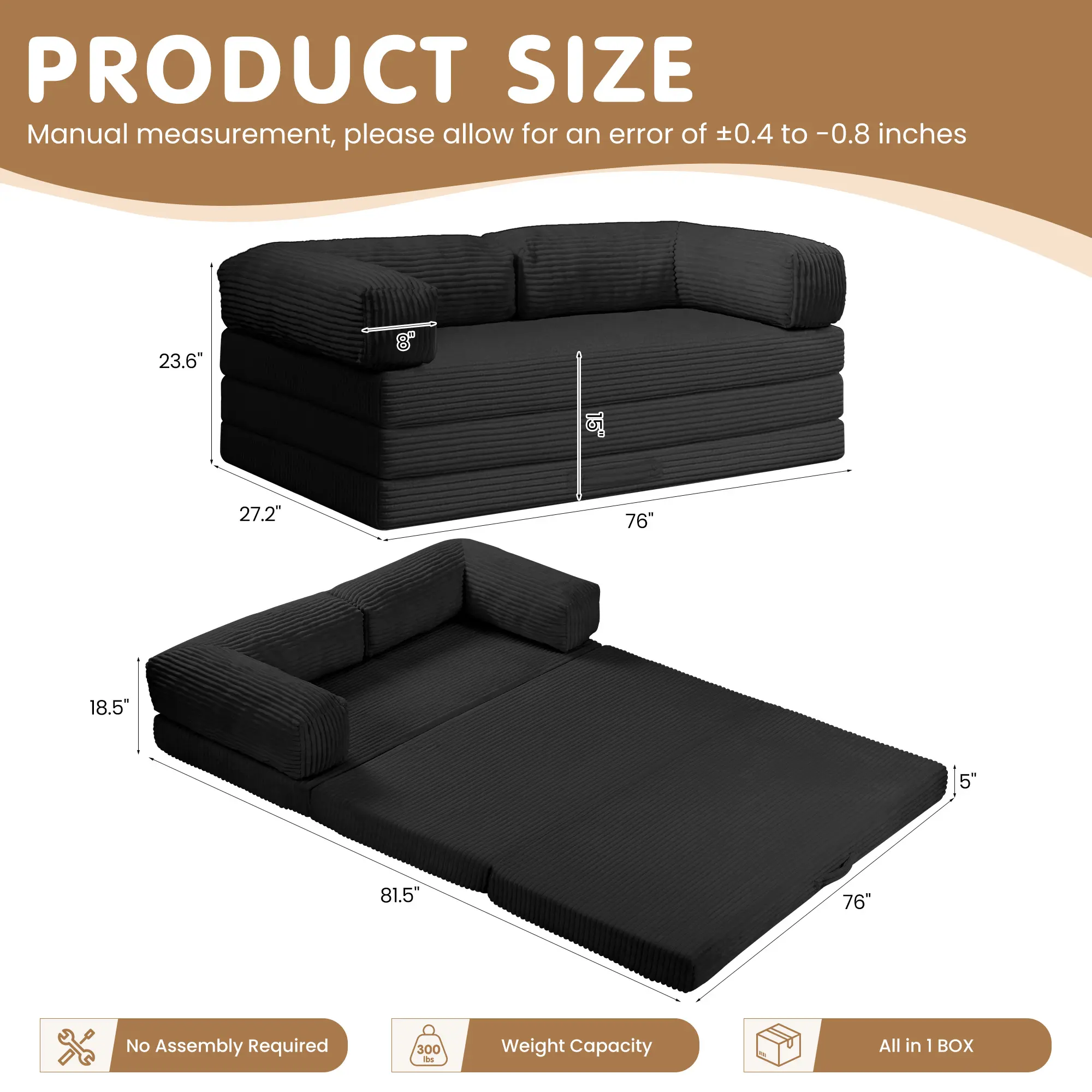 Sofá cama convertible 5 en 1 con reposabrazos y colchón plegable en tres partes