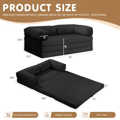 Sofá cama convertible 5 en 1 con reposabrazos y colchón plegable en tres partes