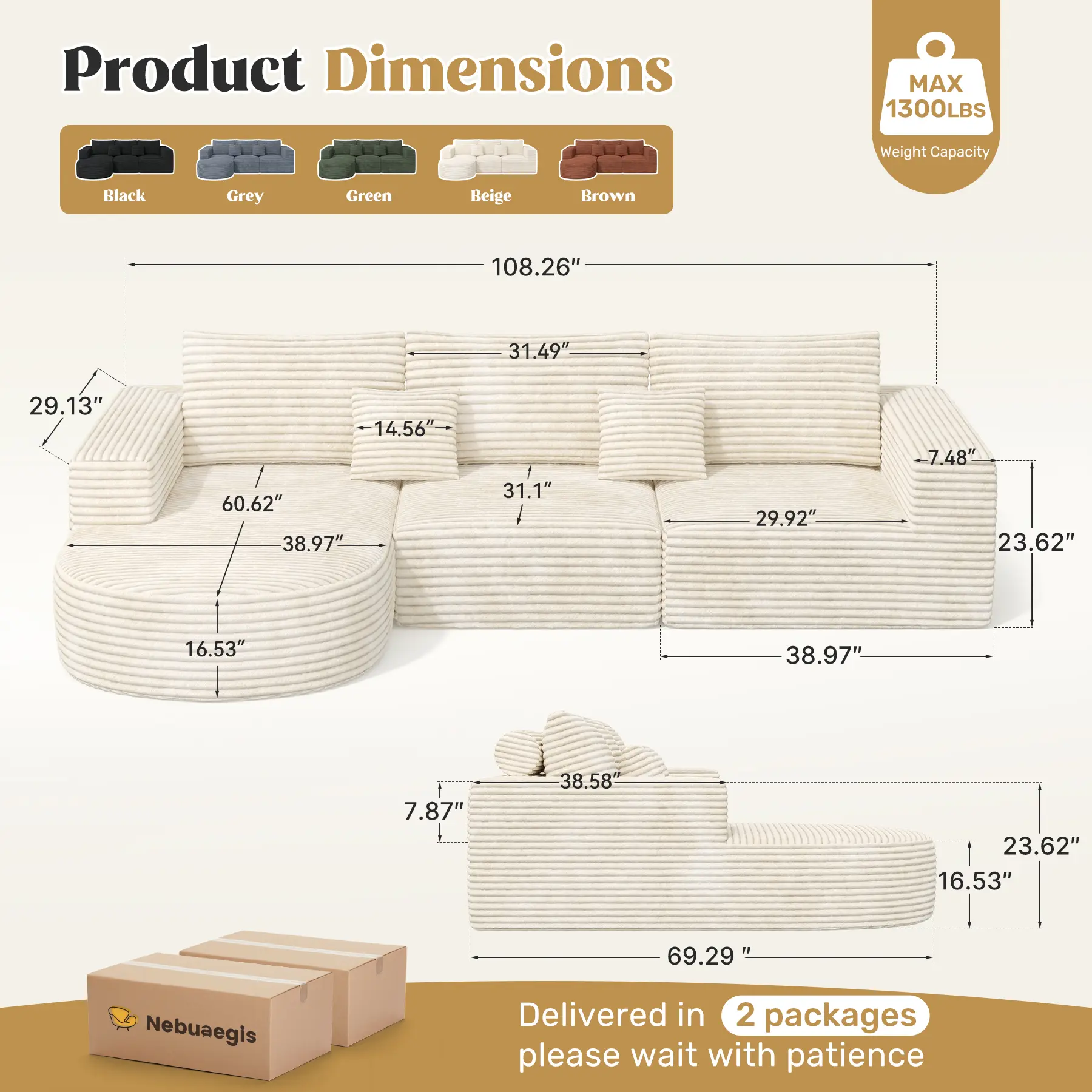 Sofá seccional modular de 110 pulgadas estilo "Cloud" – Beige, sin montaje