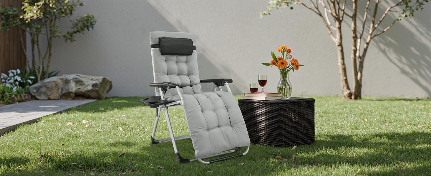 Sweetcrispy Foldable Recliner Chair - Outdoor Patio Furniture with Cup Holder Trays, Removable Cushion, Beach Chair for Adults, Backyard Decor Camping Gear