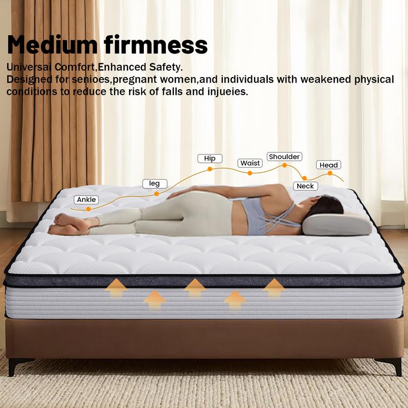 Colchón de diseño multicapa para un descanso confortable (disponible en tamaños Twin, Full, Queen y King; grosores de 10, 12 o 14 pulgadas). Cuenta con muelles ensacados individualmente para un soporte óptimo y se entrega en caja para facilitar su transpo