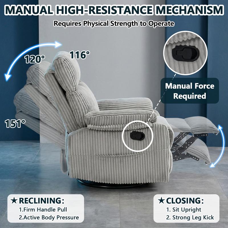 Sillón reclinable 3 en 1 con función de balanceo y giro: reclinación de 151°, giro de 360° y balanceo de 30°; sillón tapizado con bolsillos laterales para sala de estar, dormitorio, oficina, balcón o cualquier espacio; capacidad de 300 libras.