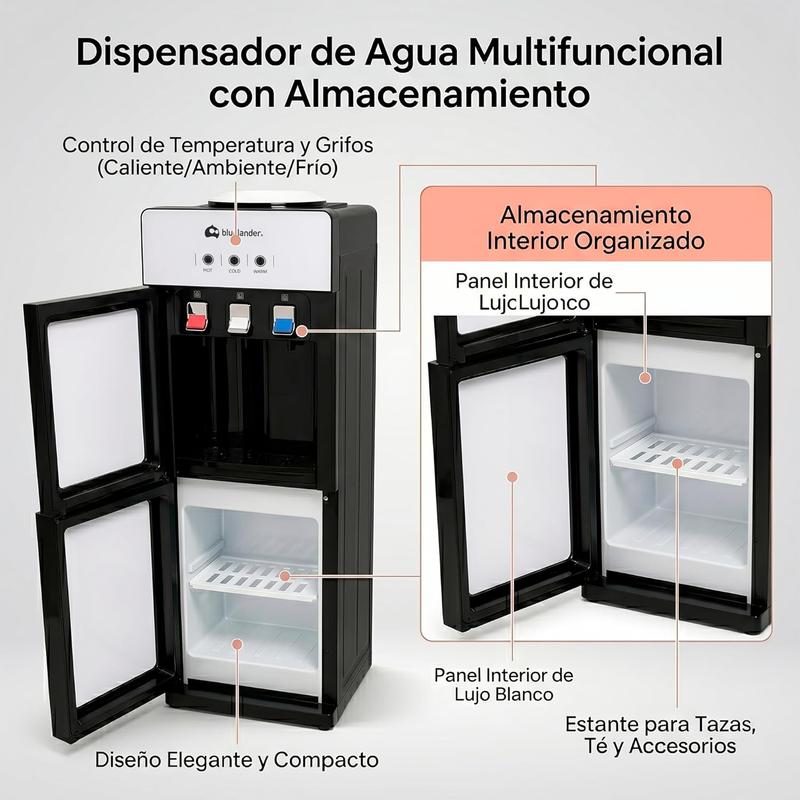 Dispensador de Agua Garrafón 28x26x89 cm 3 Temperaturas Fría Caliente Tibia con Grifos Metálicos y Gabinete de Almacenamiento