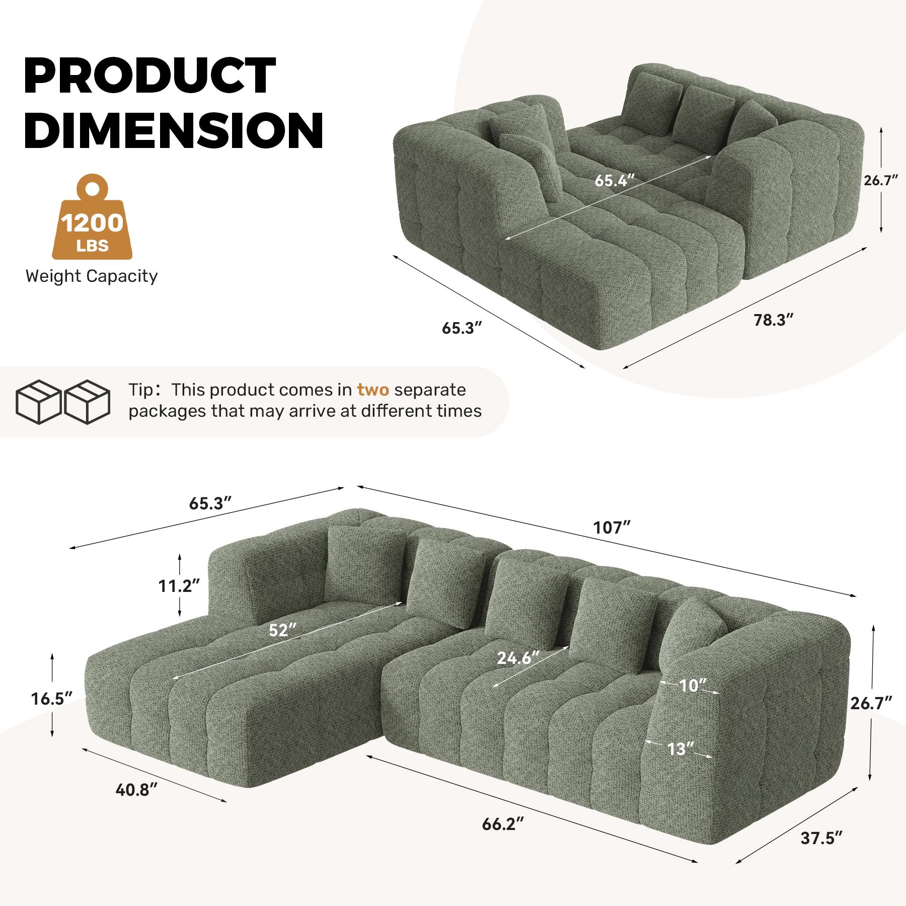 107" Chenille Boneless Couch with L - Shaped Chaise, Comfy Modular Sectional Sofa with Tufted Design, Modern Upholstered Sofa, No - Assembly Sectional Couch,  Modular Sectional, Tufted Design, Modern Upholstered, No-Assembly