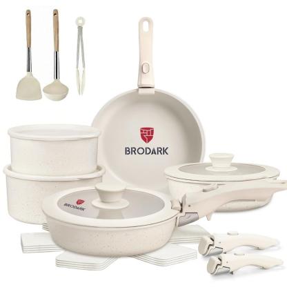 Set Desmontable 7/18/20/22 Piezas Ollas y Sartenes Serie de Colores Estilo Dopamina, Revestimiento Antiadherente Cerámico Sin PFAS, Compatible con todas las estufas y horno hasta 450°F, manijas desmontables, apto para lavavajillas