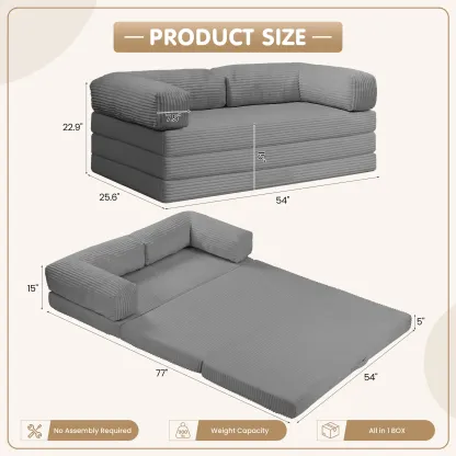 Sofá cama convertible 5 en 1 con reposabrazos y colchón plegable en tres partes