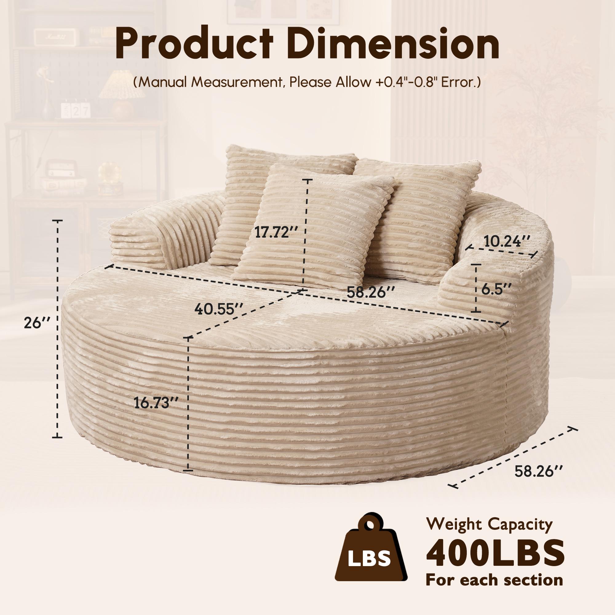 Ovios 59" W Oversized Round Sofa Bed - Fluffy Lazy Bean Bag, Modern Deep Seat Couch for Relaxation, Plush Corduroy Fabric, 3 Pillows Included, No Assembly Required