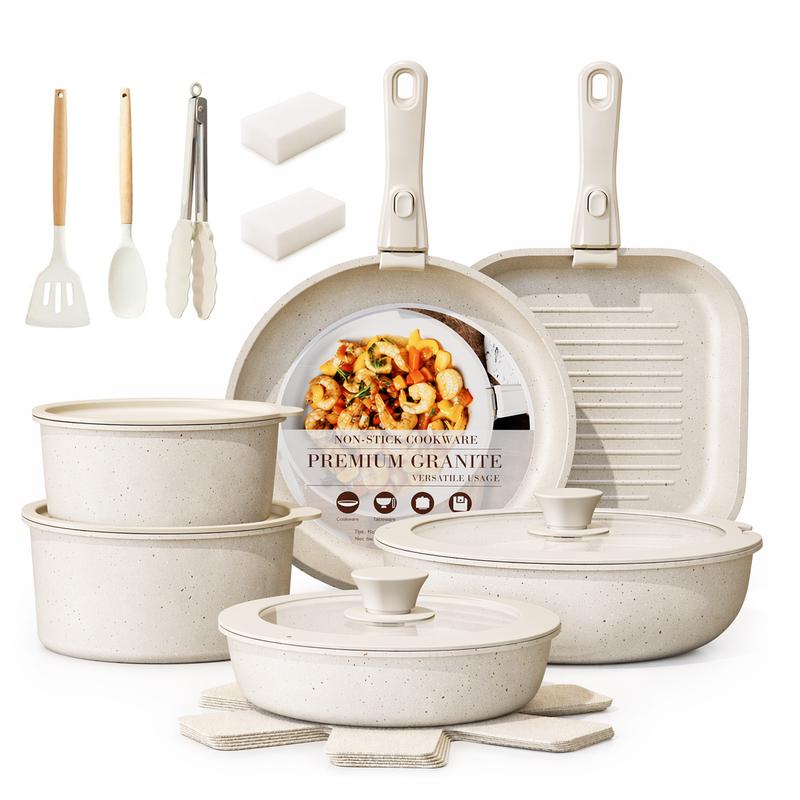 Batería De Cocina 15/17/22 Piezas Juego De Sartenes Ollas  Utensilios Sartenes Antiadherentes Con Mangos Desmontables Y Tapas De Vidrio Para Inducción, Gas Y Horno Negro Blanco Libre de PTFE, PFOA, plomo y cadmio. Cocina con menos aceite, sin que se pegue