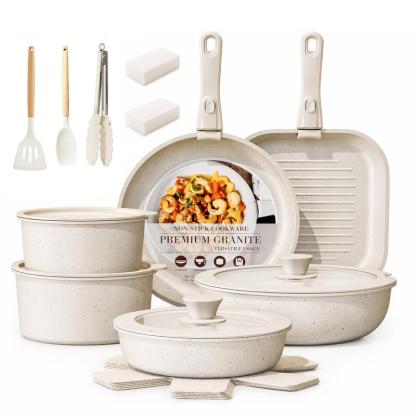 Batería De Cocina 15/17/22 Piezas Juego De Sartenes Ollas  Utensilios Sartenes Antiadherentes Con Mangos Desmontables Y Tapas De Vidrio Para Inducción, Gas Y Horno Negro Blanco Libre de PTFE, PFOA, plomo y cadmio. Cocina con menos aceite, sin que se pegue