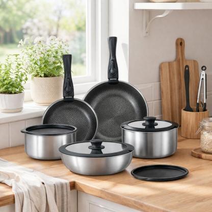 Batería De Cocina 15/17/22 Piezas Juego De Sartenes Ollas  Utensilios Sartenes Antiadherentes Con Mangos Desmontables Y Tapas De Vidrio Para Inducción, Gas Y Horno Negro Blanco Libre de PTFE, PFOA, plomo y cadmio. Cocina con menos aceite, sin que se pegue
