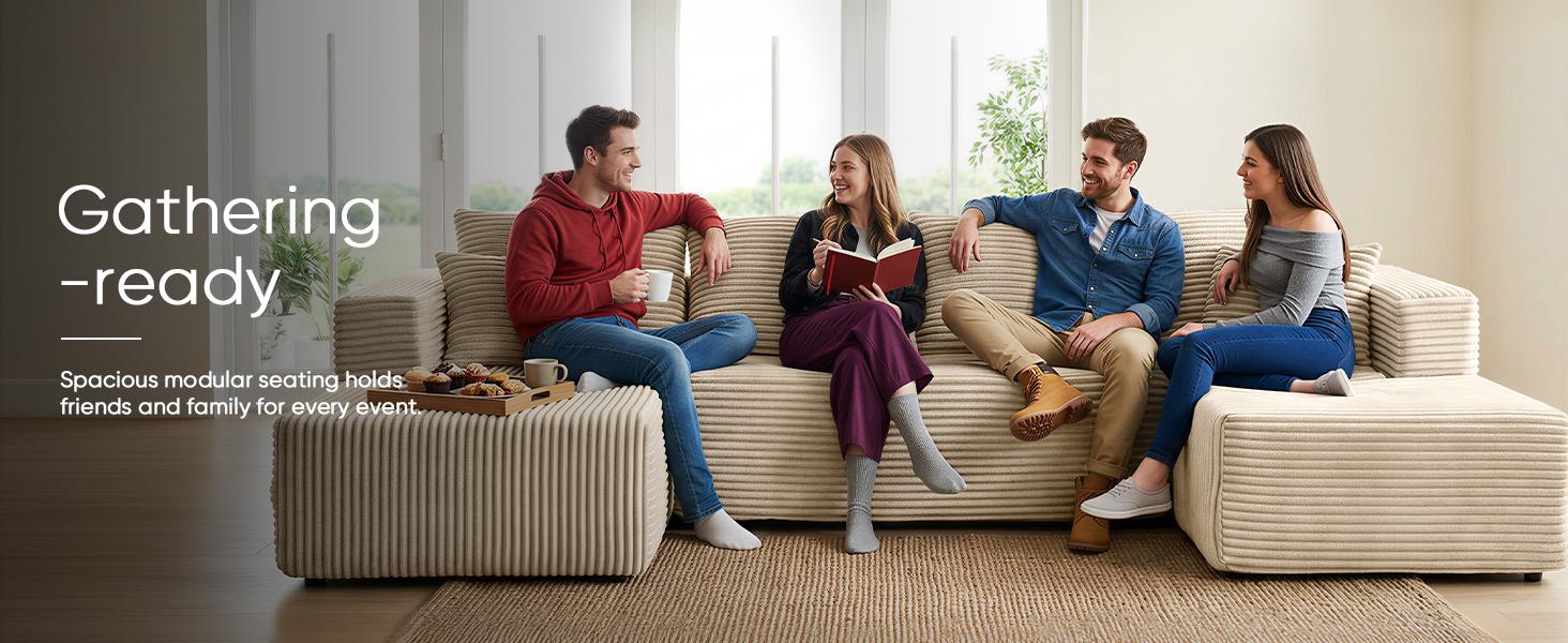 ModMood U-Shaped Modular Sectional Sofa with Ottoman, 133x70" Corduroy Convertible Sleeper Couch, Space-Saving Compressed Sofa, 7 Free Pillows, 【2 Packages】 for Living Room, Cozy Cloud Couch for Family & Gaming Boneless Modern Sofa