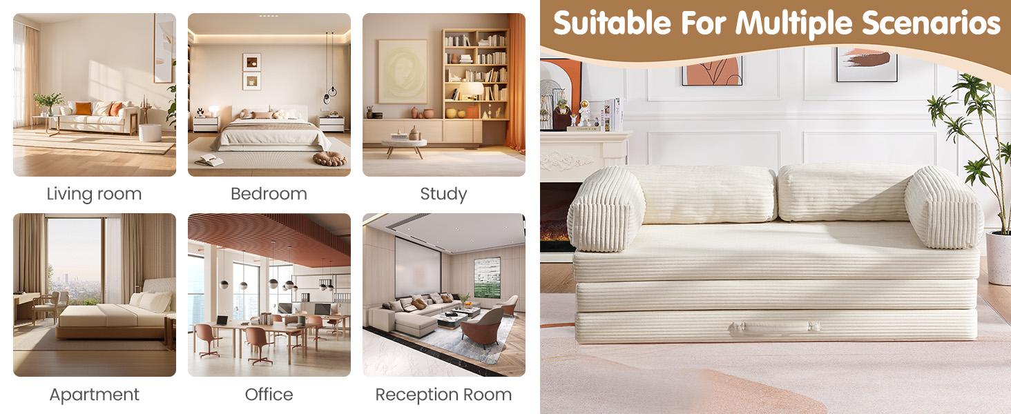 Winzoo 5-in-1 Convertible Folding Sofa Bed Queen Tri-Fold Mattress with Armrests Boneless Floor Sofa Futon Couch for Living Room Bedroom Apartment