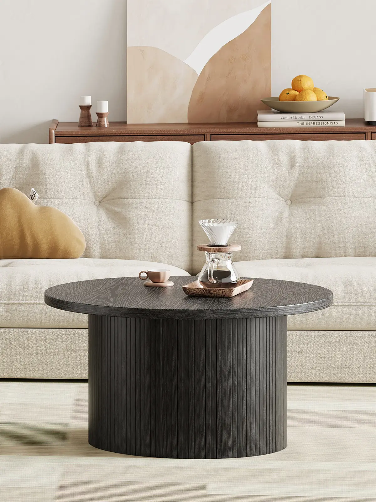 Mesa de centro redonda estriada de 31,5 pulgadas – Estilo moderno de mediados de siglo