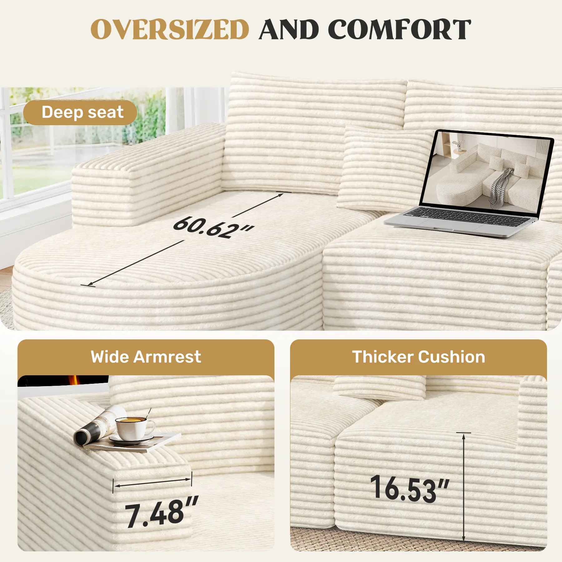 Sofá seccional modular de 110 pulgadas estilo "Cloud" – Beige, sin montaje