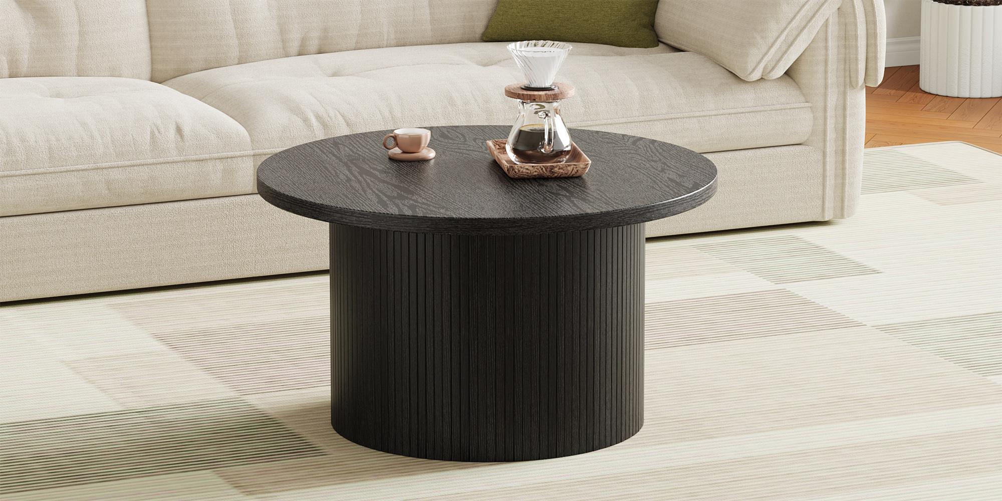 【DealsforYou】ONBRILL 31.5" Gorgeous Fluted Coffee Table, Round Mid Century Coffee Tables for Living Room, Cute Modern Wood Coffee Table, Drum Accent Small Center Table, Bedroom Furniture, Christmas Gift