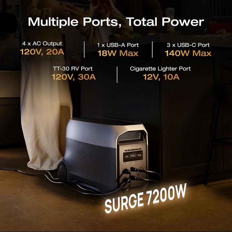Estación de energía ultraportátil 3, batería LiFePO4 de 3072 Wh, potencia de salida de 3600 W (pico de 7200 W) para el hogar, generador solar para uso doméstico, accesorios de camping, emergencias y respaldo para vehículos recreativos (RV).