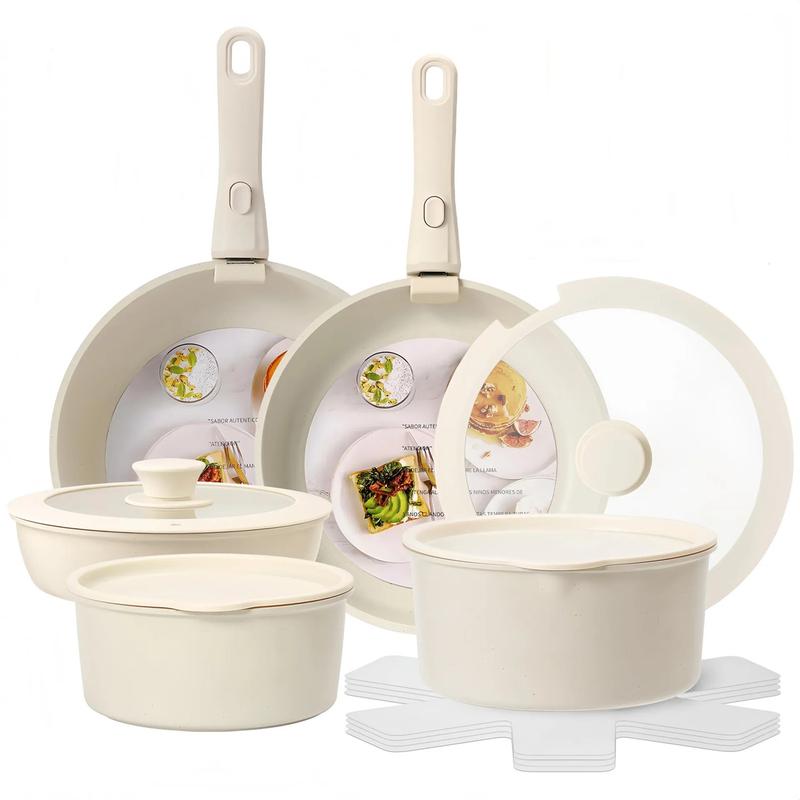 Batería De Cocina 15/17/22 Piezas Juego De Sartenes Ollas  Utensilios Sartenes Antiadherentes Con Mangos Desmontables Y Tapas De Vidrio Para Inducción, Gas Y Horno Negro Blanco Libre de PTFE, PFOA, plomo y cadmio. Cocina con menos aceite, sin que se pegue