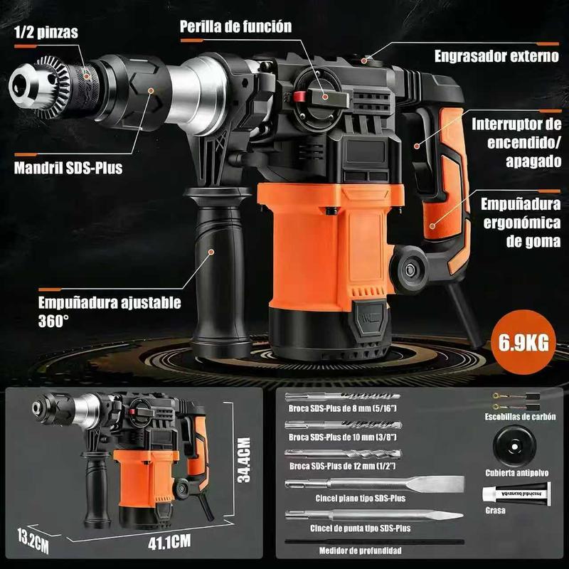 Rotomartillo Eléctrico SDS Plus Industrial, 1050 RPM, Taladro y Cincelador Multifuncional, Herramienta Eléctrica para Construcción